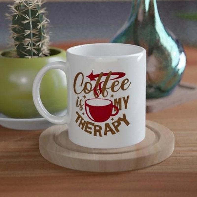 Tailorly White Ceramic 11 oz Mug - Coffee Is My Therapy Minimalist Red Cup With Artistic Steam Spirals Featured On Mug