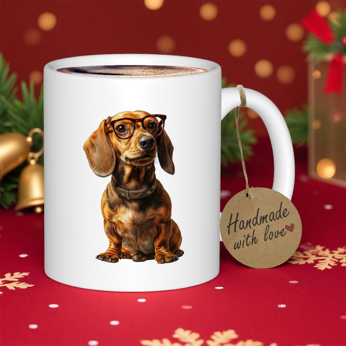 Tailorly White Ceramic 11 oz Mug - Handmade With Love Charming Brown Dachshund Wearing Glasses Sitting On Dachshund