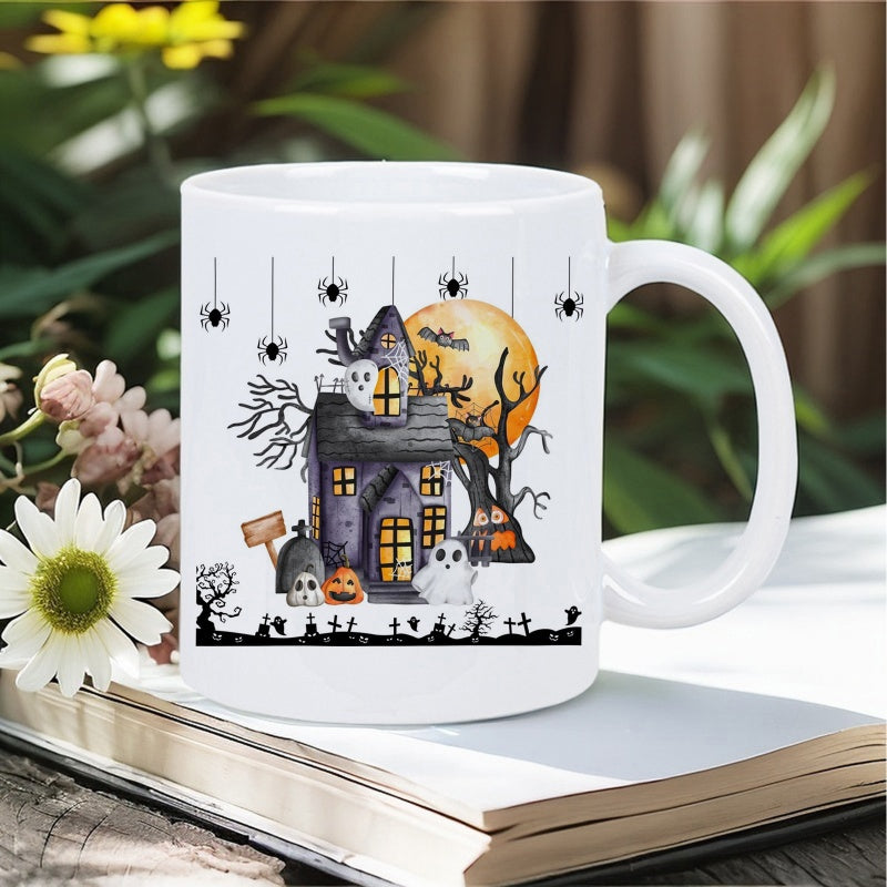 Tailorly White Ceramic 11 oz Mug - Spooky Glowing Moon Surrounded By Friendly White Little Floating Ghosts Haunted House