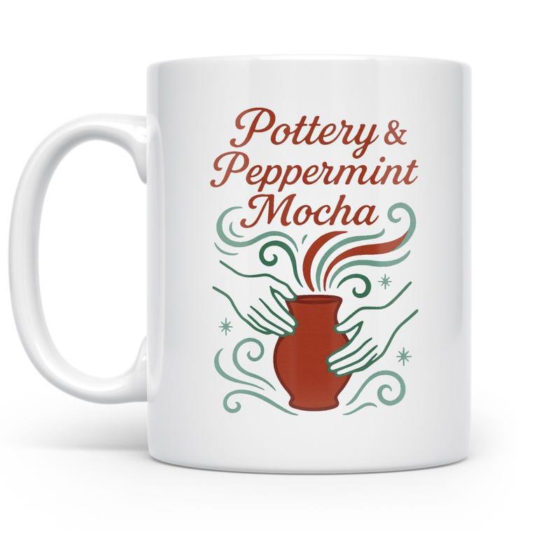 Tailorly White Ceramic 11 oz Mug - Pottery Peppermint Mocha Hands Crafting Earthenware With Swirling Aromatic Steam Decorative Sparkles Pot