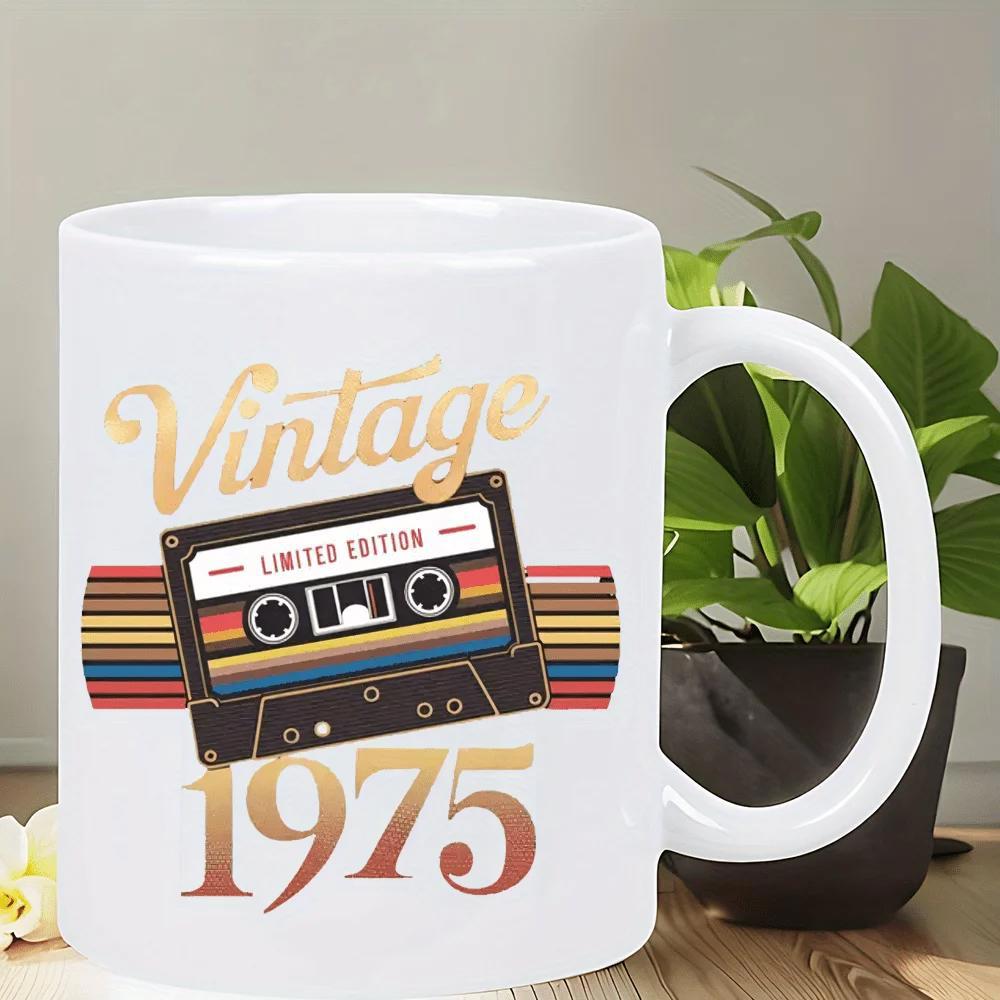 Tailorly White Ceramic 11 oz Mug - Vintage Limited Edition 1975 Retro Style Featuring Colorful Rainbow Stripes And Detailed Classic Analog Music Cassette