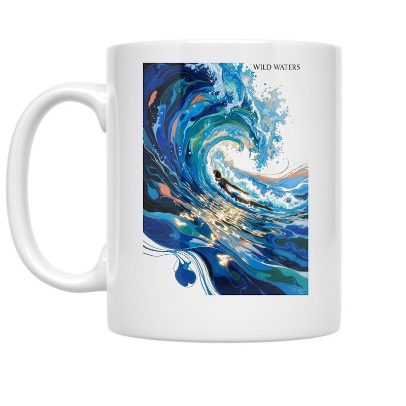 Tailorly White Ceramic 11 oz Mug - Wild Waters Vibrant Abstract Swirling Blue Ocean Tides With Dynamic Flowing Liquid Motion Wave