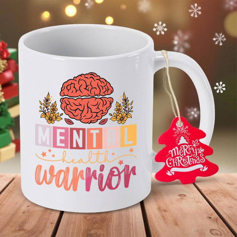 Tailorly White Ceramic 11 oz Mug - Mental Health Warrior Artistic Illustration Featuring Colorful Flowers Beside A Stylized Human Brain