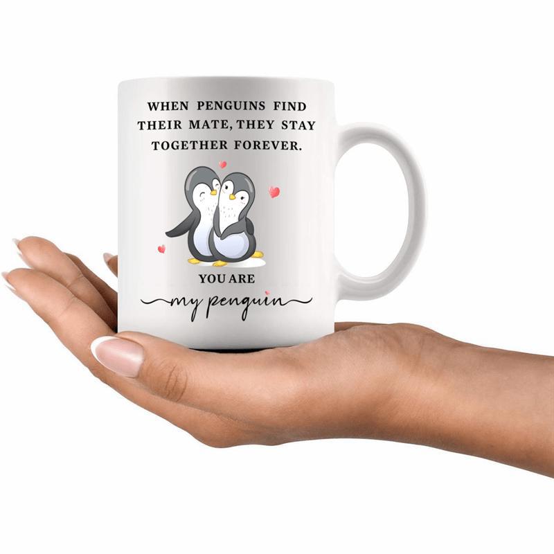 Tailorly White Ceramic 11 oz Mug - When Penguins Find Their Mate They Stay Together Forever You Are My Penguin Two Cute Cartoon Penguins Hugging Under Falling Pink