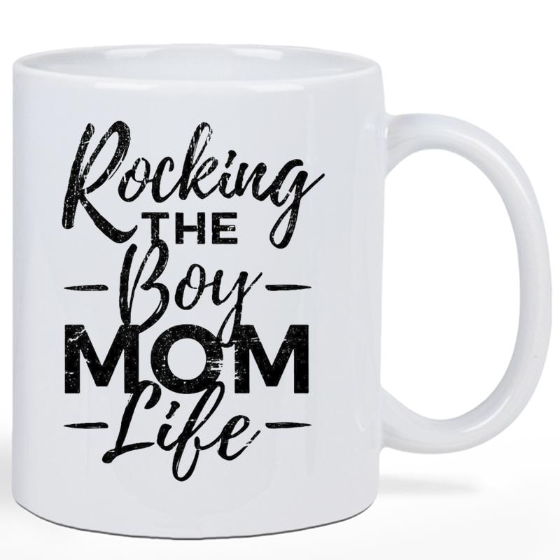Tailorly White Ceramic 11 oz Mug - Rocking The Boy Mom Life Bold Black Typography Featuring Elegant Script And Distressed Block Letters Sign