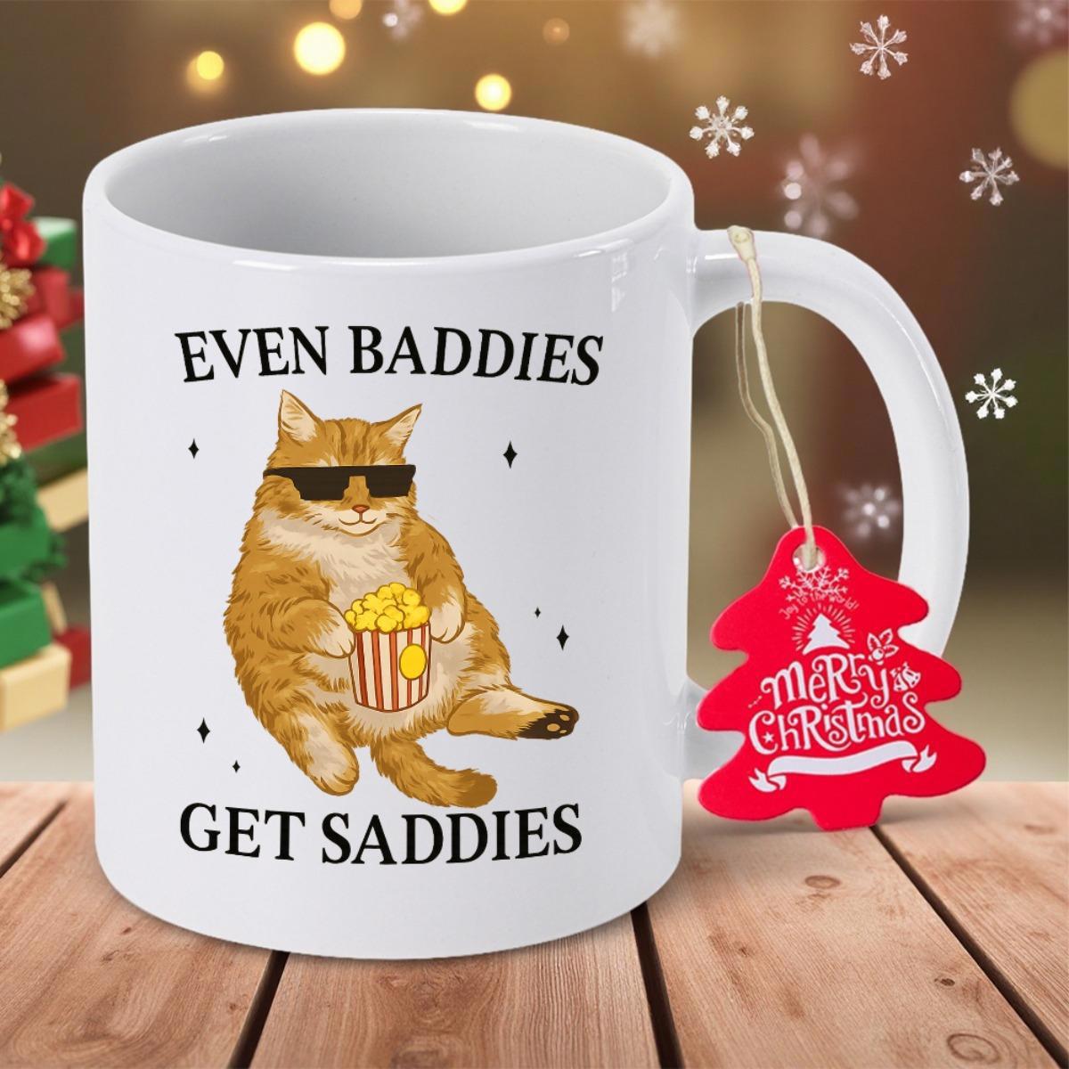 Tailorly White Ceramic 11 oz Mug - Even Baddies Get Saddies Cool Ginger Cat Wearing Sunglasses Eating Popcorn Sitting Amidst Tiny Sparkles Cat