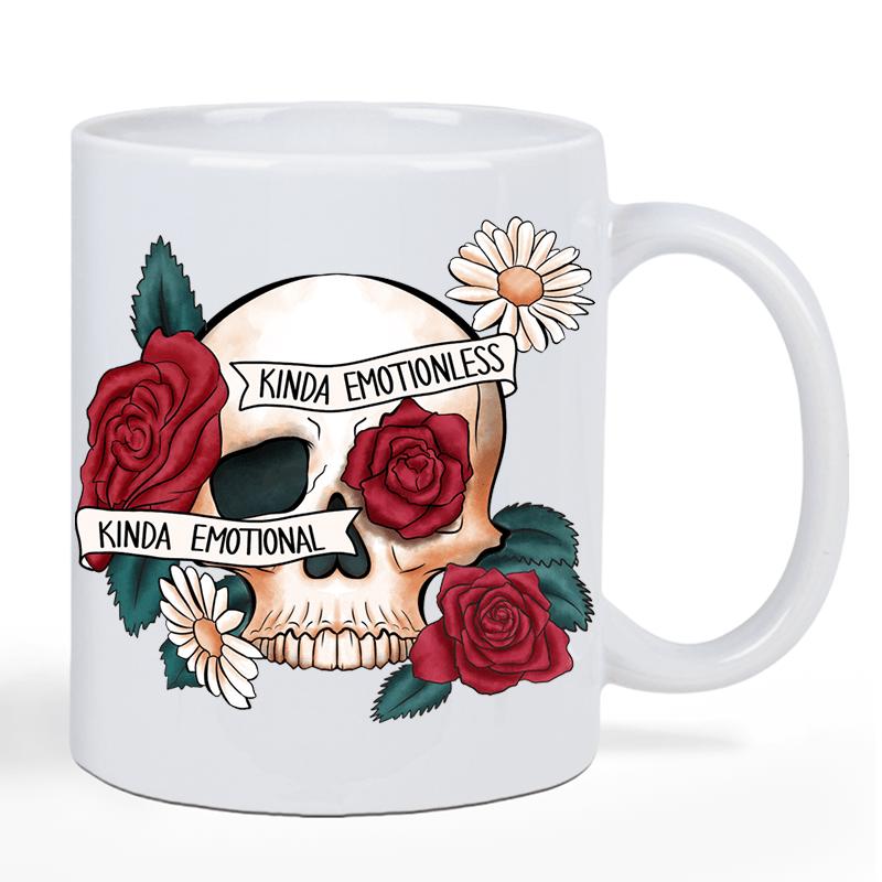 Tailorly White Ceramic 11 oz Mug - Kinda Emotionless Kinda Emotional Detailed Human Skull Surrounded By Red Roses And White Daisies Skull