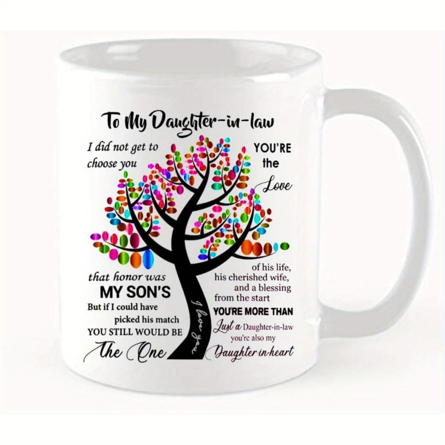 Tailorly White Ceramic 11 oz Mug - To My Daughter In Law Artistic Black Branching Silhouette With Colorful Heart Shaped Leaves Tree