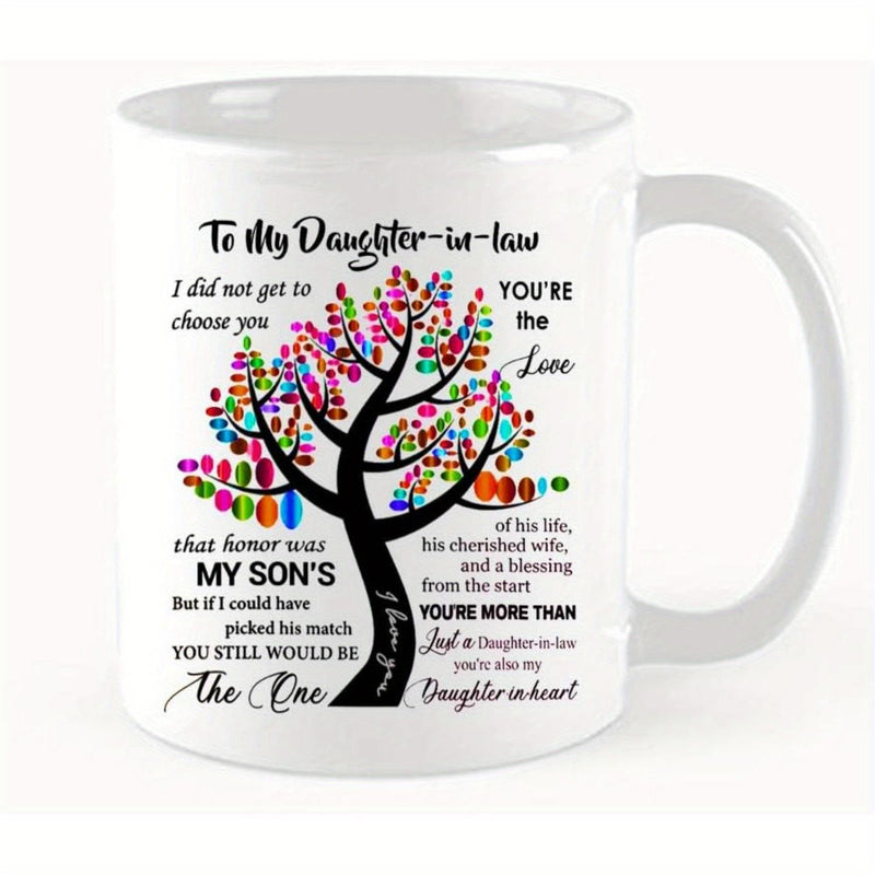 Tailorly White Ceramic 11 oz Mug - To My Daughter In Law Artistic Black Branching Silhouette With Colorful Heart Shaped Leaves Tree