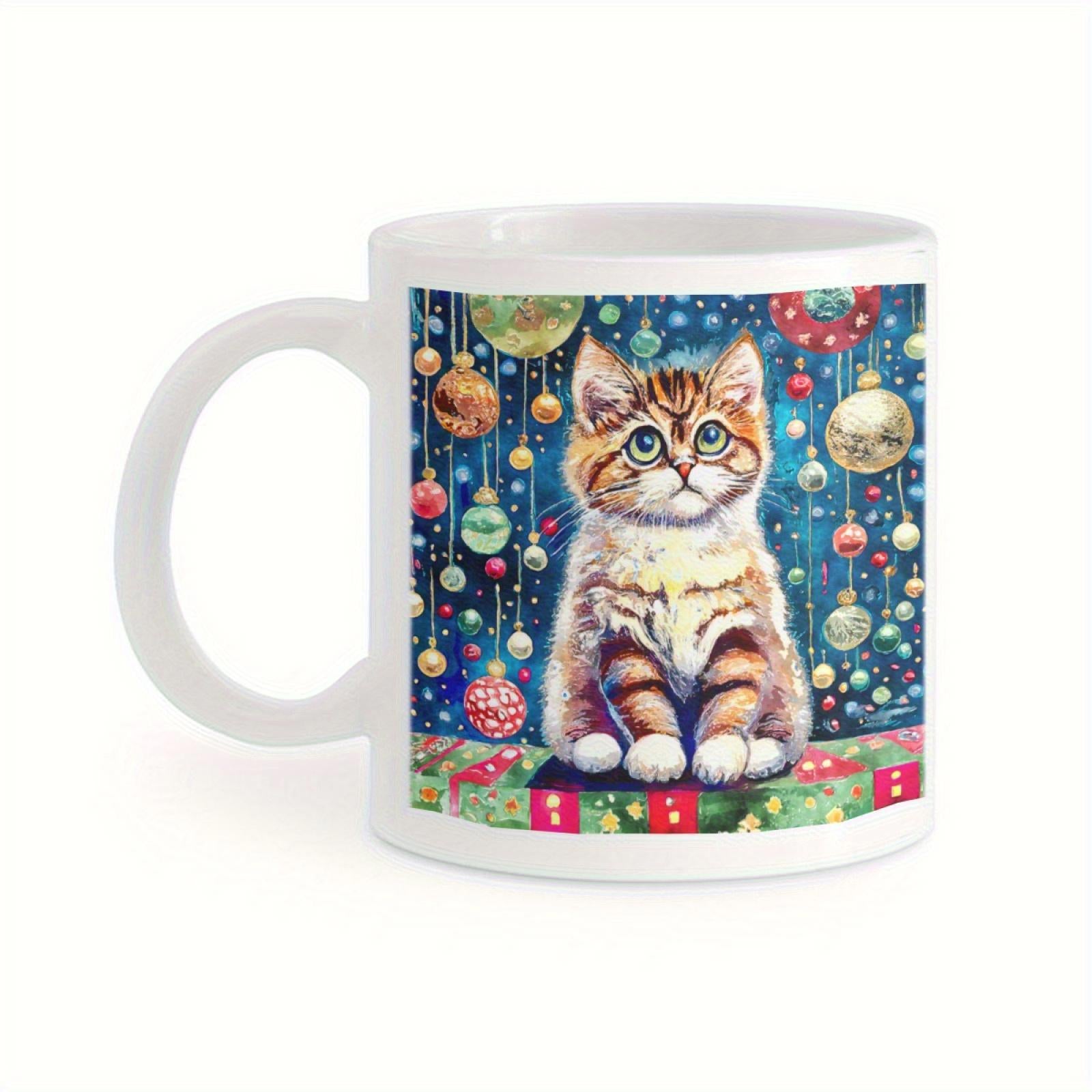 Tailorly White Ceramic 11 oz Mug - Adorable Fluffy Tabby Kitten Sitting Among Festive Hanging Christmas Ornaments Cat