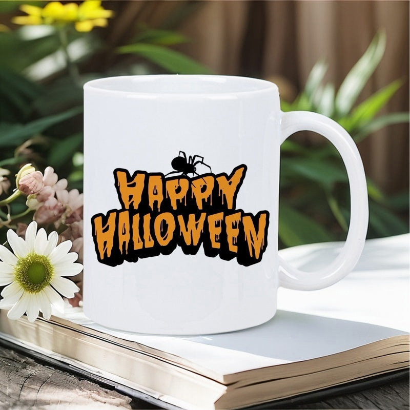 Tailorly White Ceramic 11 oz Mug - Happy Halloween Spooky Orange Dripping Style Text Featuring A Small Black Spider Halloween