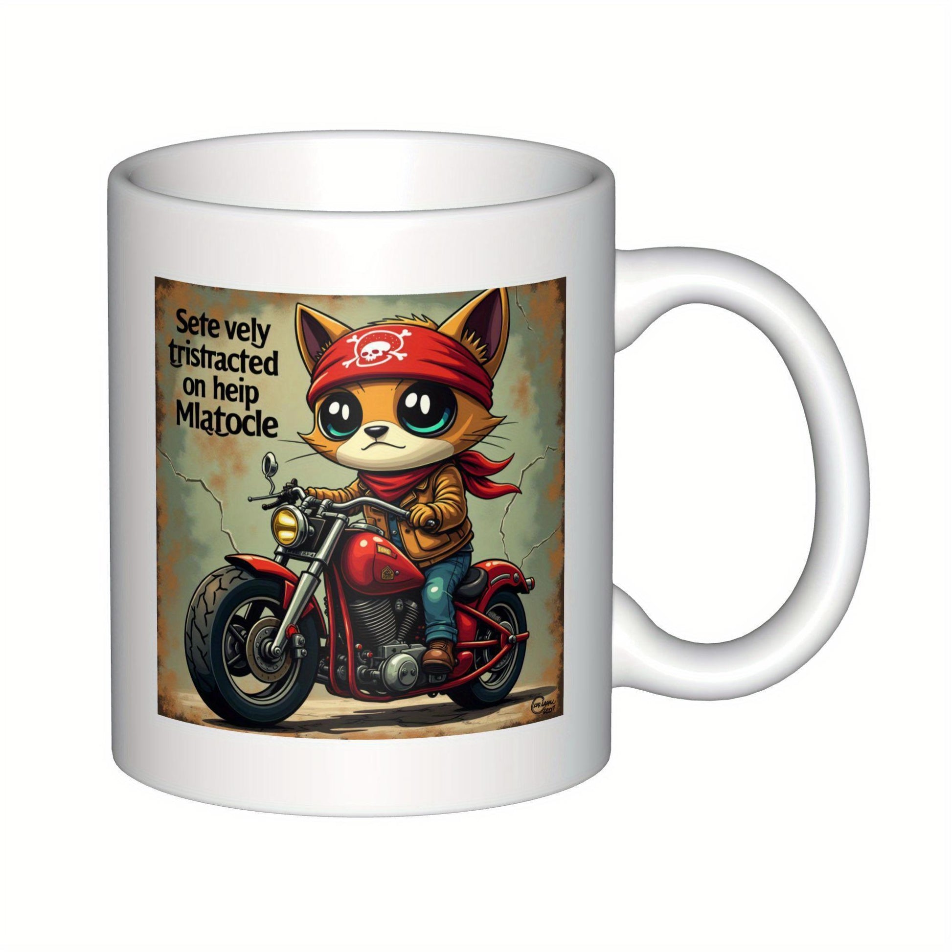 Tailorly White Ceramic 11 oz Mug - Selective Distracted Cool Biker Wearing Red Bandana Riding Vintage Motorcycle Along Dusty Road Cat