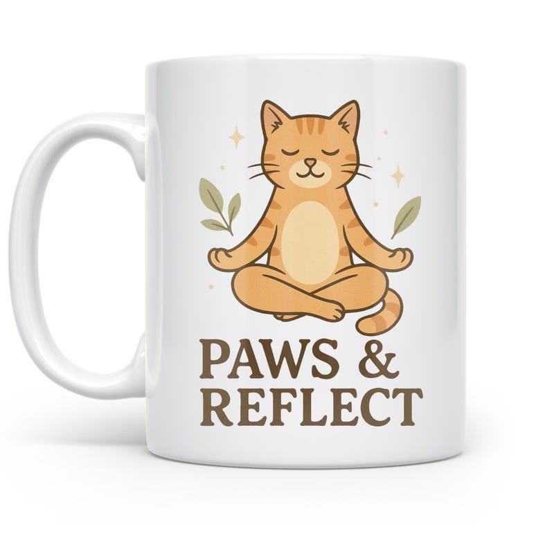 Tailorly White Ceramic 11 oz Mug - Paws Reflect Cute Orange Tabby Sitting In Lotus Pose Among Green Floating Leaves Cat