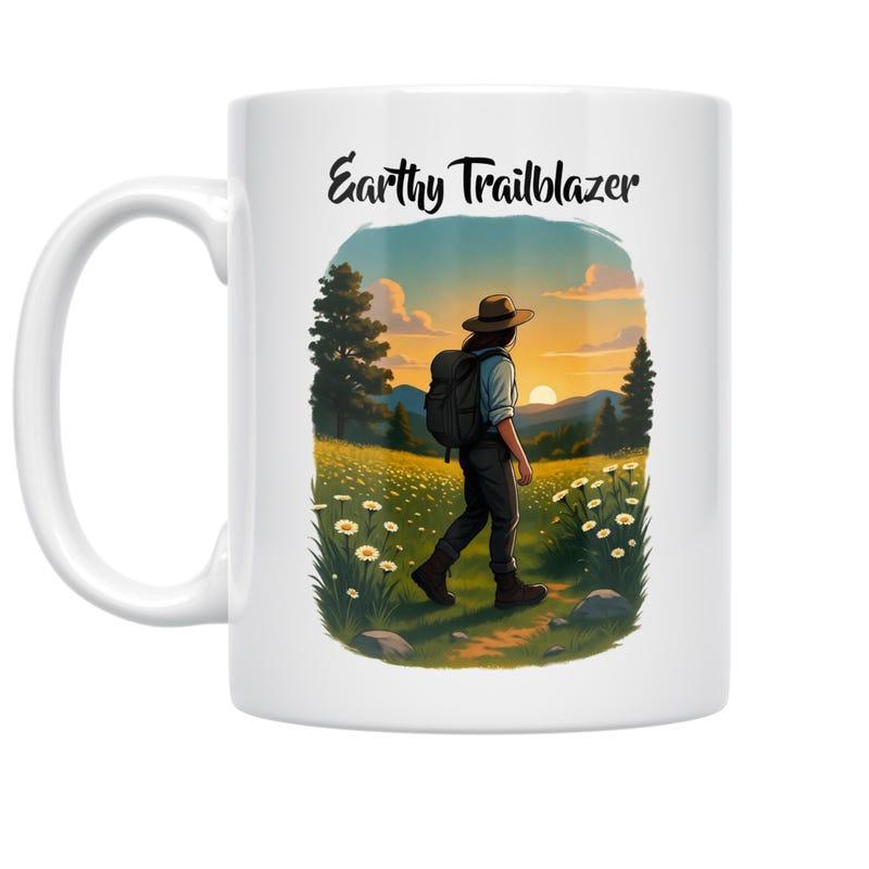 Tailorly White Ceramic 11 oz Mug - Earthy Trailblazer Adventurous Hiker Walking Through A Lush Meadow At Glowing Golden Sunset Hiker