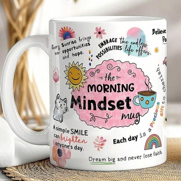 Tailorly White Ceramic 11 oz Mug - The Morning Mindset Mug Hand Drawn Inspirational Illustrations With Cute Cartoon Cat Sun And Rainbow Mug