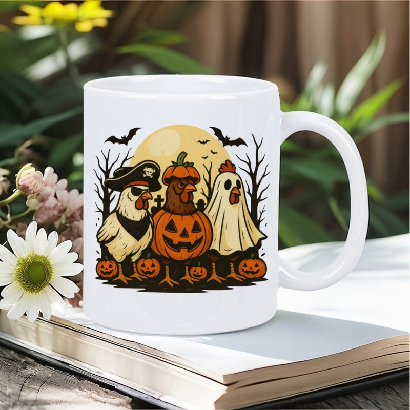 Tailorly White Ceramic 11 oz Mug - Spooky Halloween Night With Three Chickens In Costumes Under Moon Chicken