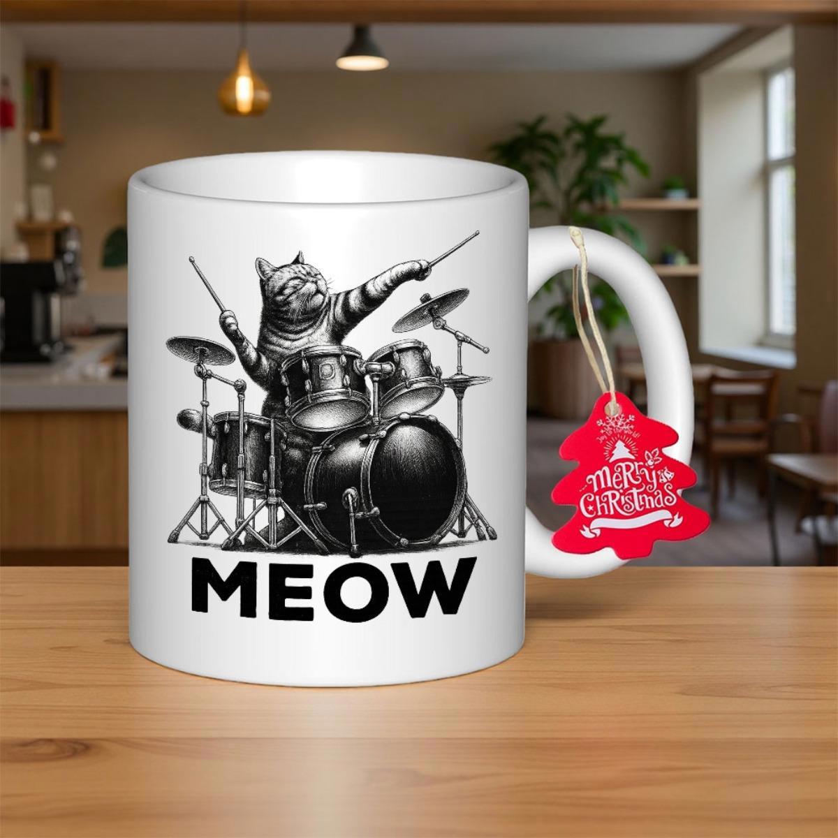 Tailorly White Ceramic 11 oz Mug - Meow Cool Energetic Tabby Cat Playing Full Drum Set Musical Instrument Cat