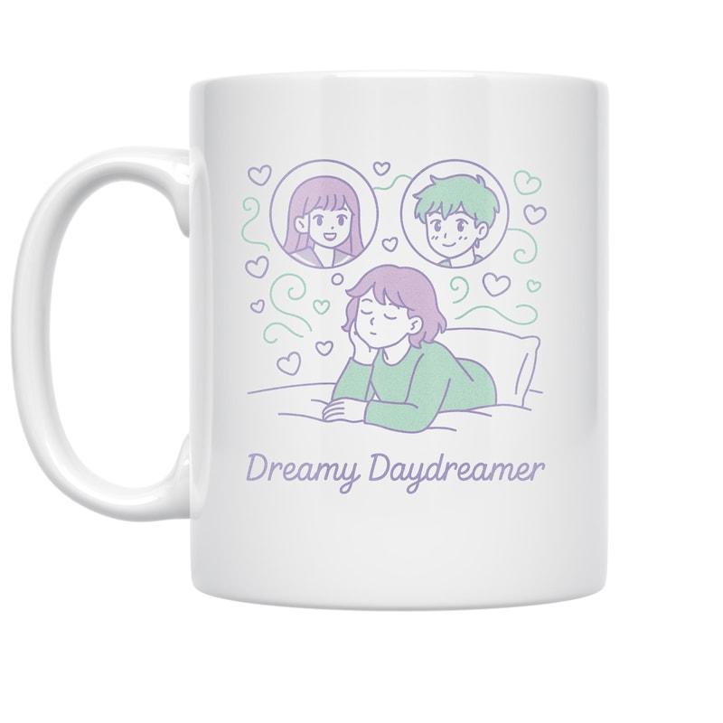 Tailorly White Ceramic 11 oz Mug - Dreamy Daydreamer Peaceful Person Resting On Pillow Among Floating Hearts And Swirls Character