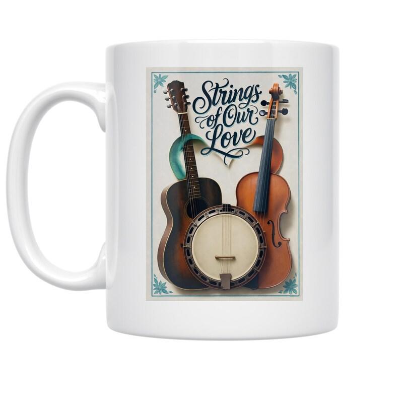 Tailorly White Ceramic 11 oz Mug - Strings Of Our Love Vintage Style Acoustic Guitar Banjo And Violin With Floral Border Instruments