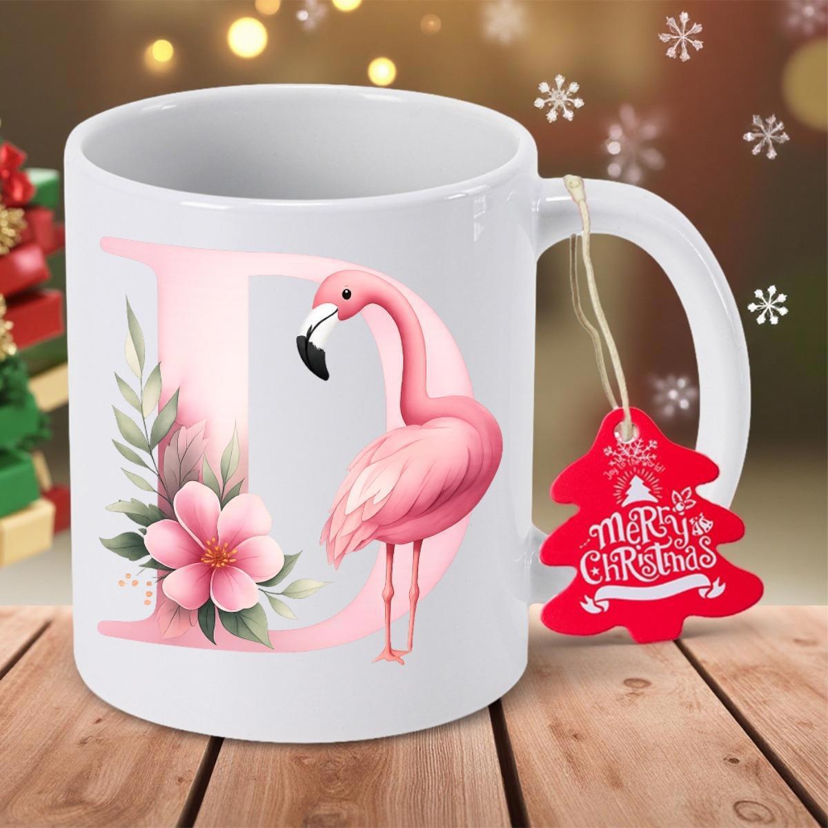 Tailorly White Ceramic 11 oz Mug - D Merry Christmas Elegant Pink Bird Among Blooming Flowers And Decorative Serif Letter Flamingo