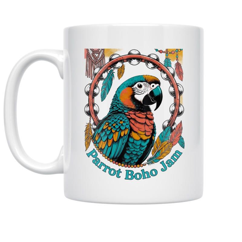 Tailorly White Ceramic 11 oz Mug - Parrot Boho Jam Vibrant Macaw Perched Within Ornate Beaded Feathered Frame Parrot