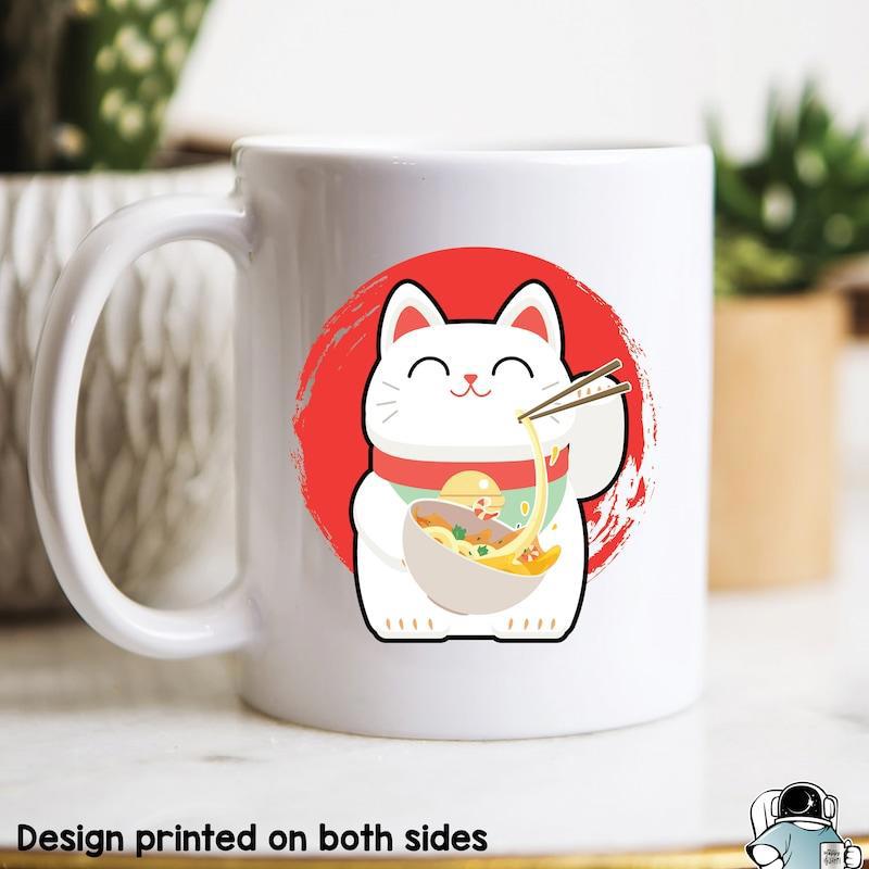 Tailorly White Ceramic 11 oz Mug - Charming Smiling Japanese Lucky Cat Eating Delicious Ramen Under Red Sun Cat