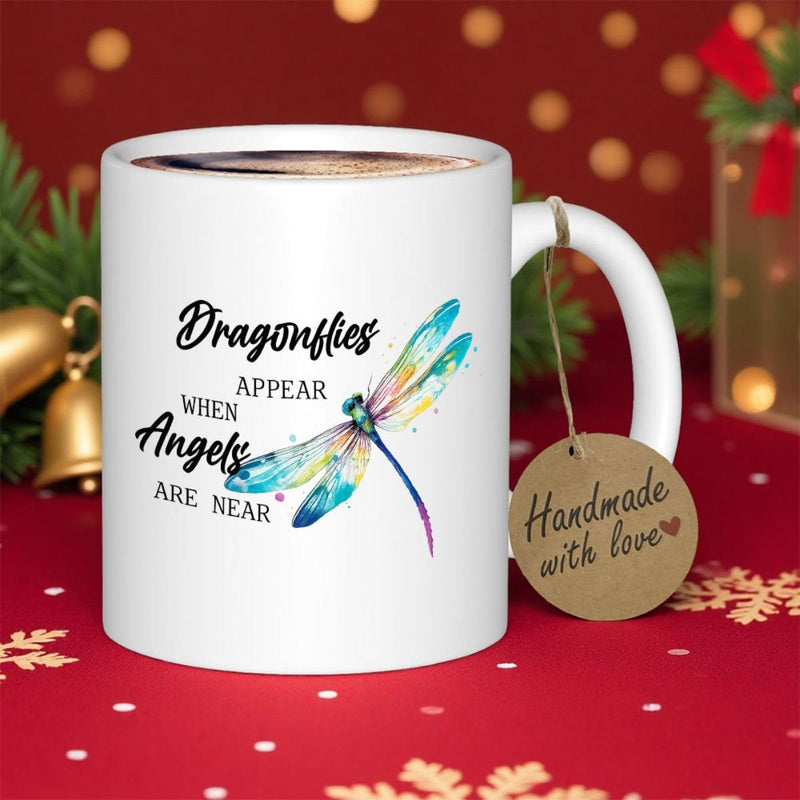 Tailorly White Ceramic 11 oz Mug - Dragonflies Appear When Angels Are Near Watercolor Wings Hovering Gracefully With Vibrant Colors And Delicate Strokes Dragonfly
