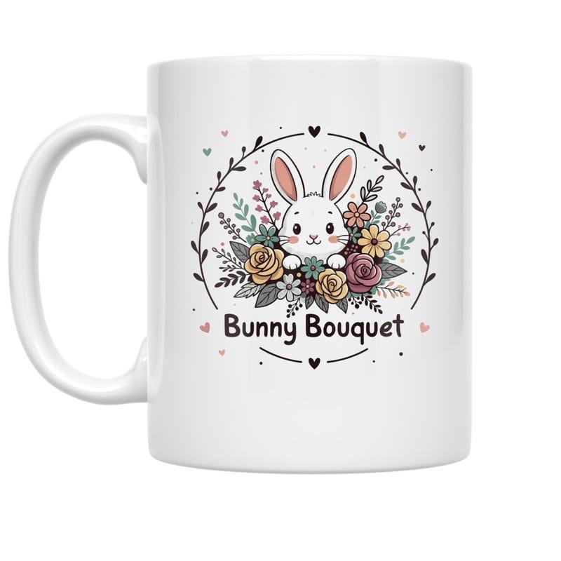 Tailorly White Ceramic 11 oz Mug - Bunny Bouquet Adorable White Rabbit Peeking Through Colorful Floral Garden Among Delicate Vines Bunny