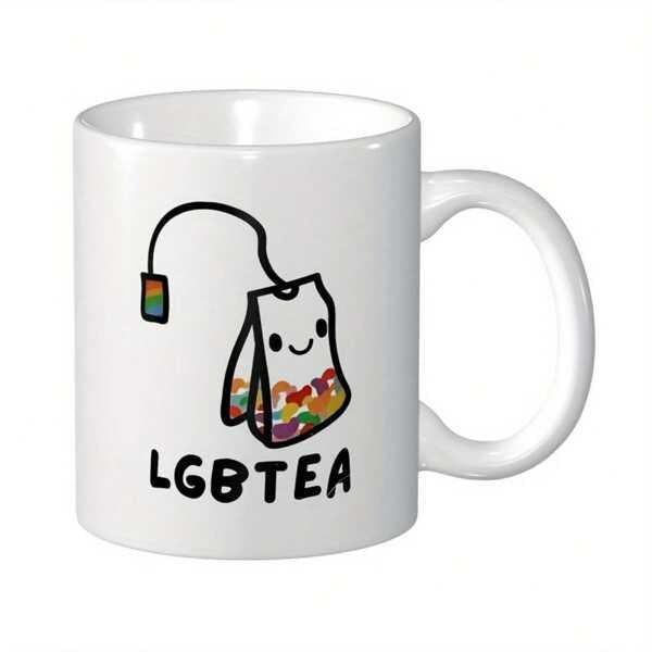 Tailorly White Ceramic 11 oz Mug - Lgbtea Cute Cartoon Tea Bag With Rainbow Filling And Small Smiling Face Teabag