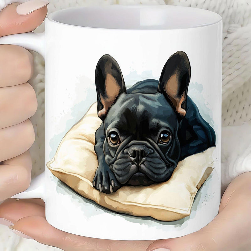 Tailorly White Ceramic 11 oz Mug - Adorable Black French Bulldog Resting Peacefully On A Soft Pillow Cushion French Bulldog
