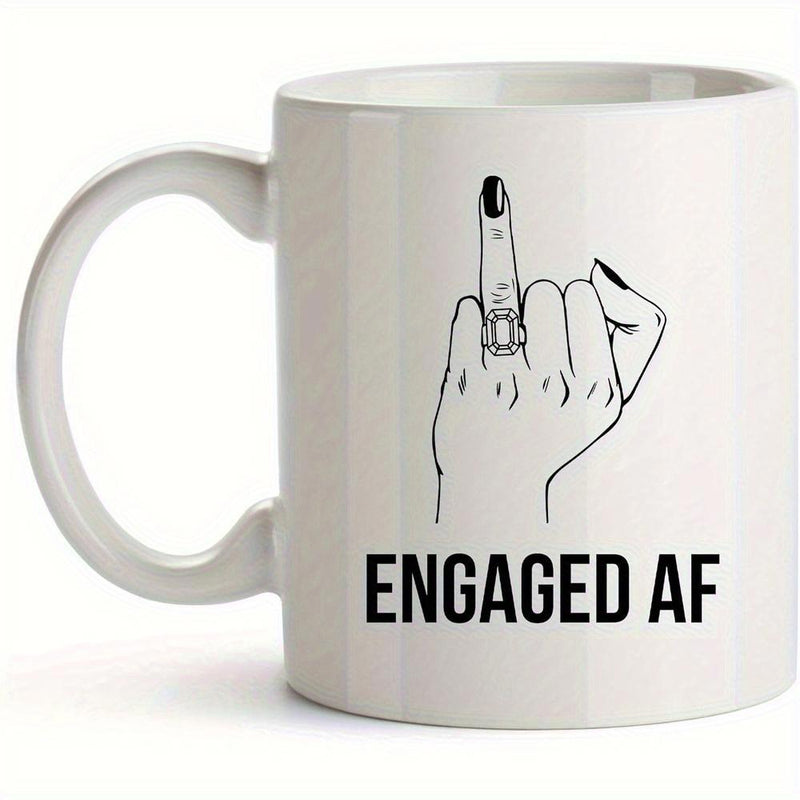 Tailorly White Ceramic 11 oz Mug - Engaged AF Minimalist Line Drawing Of Hand With Diamond Ring Showing Middle Finger Hand