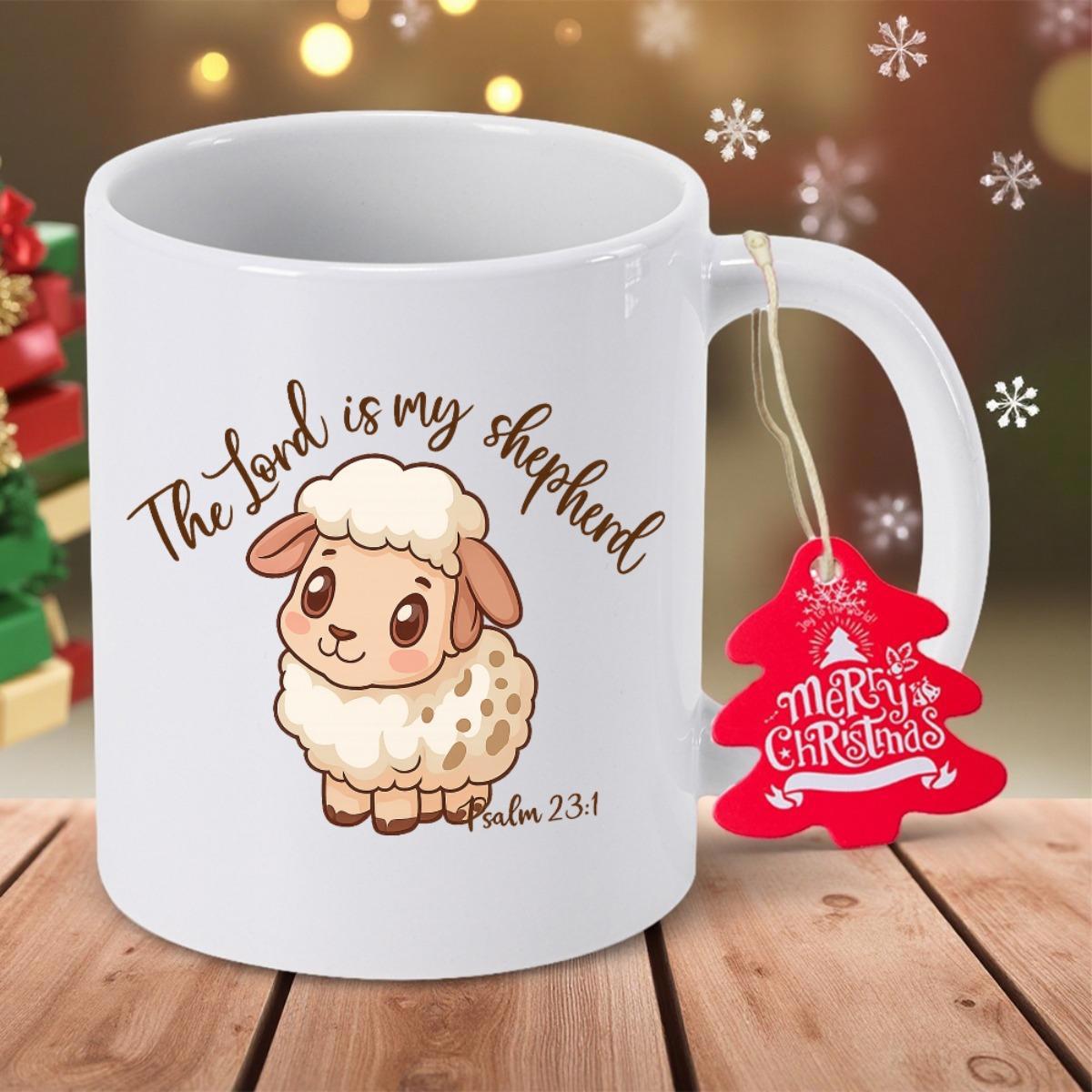 Tailorly White Ceramic 11 oz Mug - The Lord Is My Shepherd Cute Fluffy Cartoon Lamb Standing Gracefully With Soft Woolen Fleece Sheep