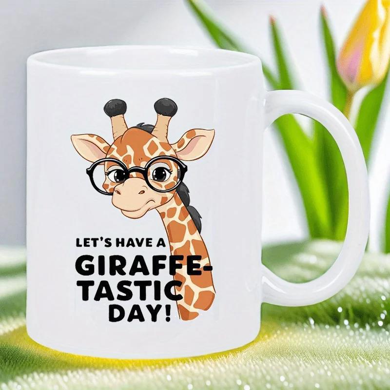 Tailorly White Ceramic 11 oz Mug - Let’s Have A Giraffe Tastic Day Cute Cartoon Character Wearing Black Glasses With Long Spotted Neck Standing Giraffe