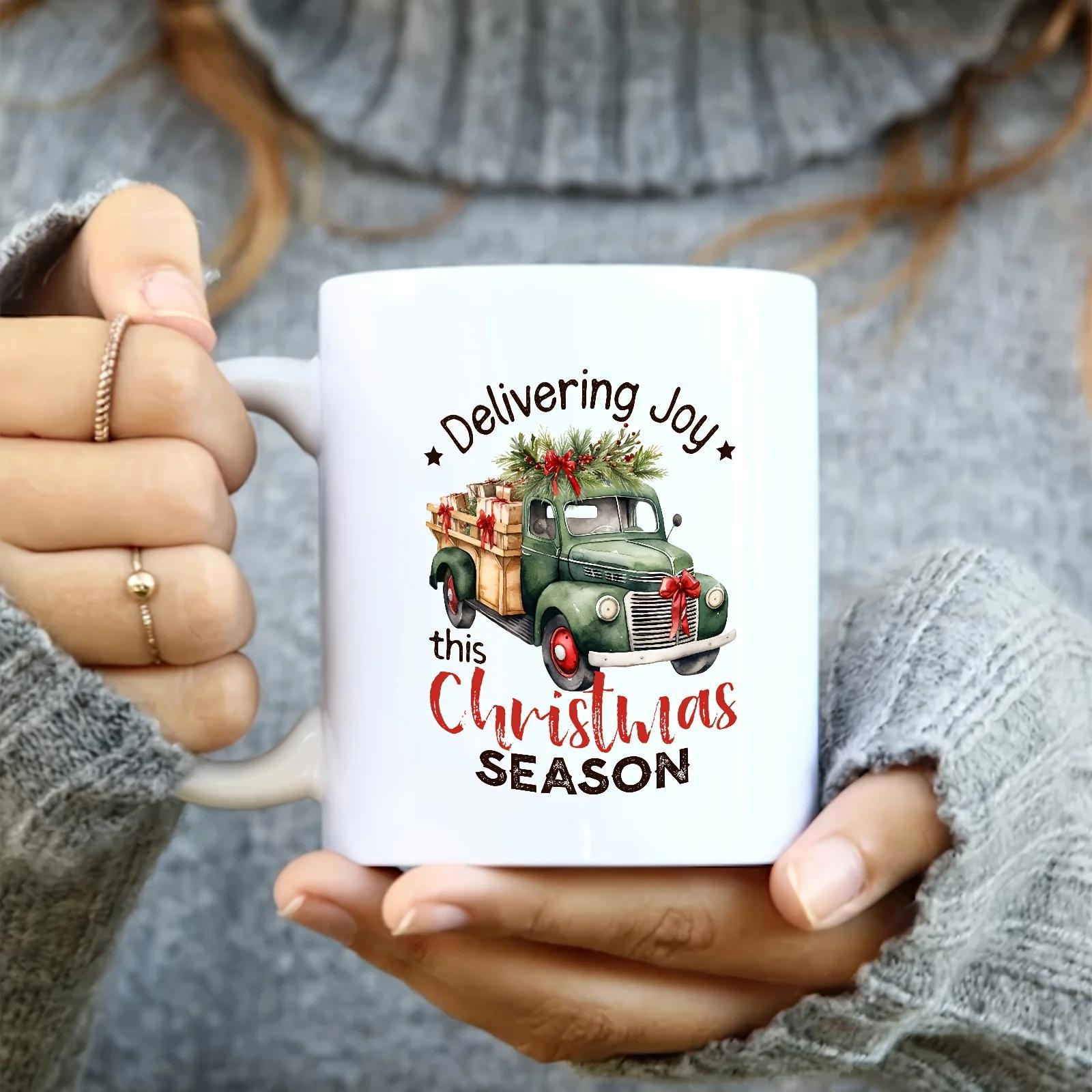 Tailorly White Ceramic 11 oz Mug - Delivering Joy This Christmas Season Classic Green Vintage Vehicle Loaded With Festive Winter Pine Truck