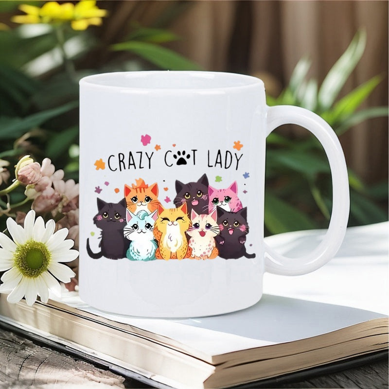 Tailorly White Ceramic 11 oz Mug - Crazy Cat Lady Adorable Group Of Colorful Cartoon Kittens Under Small Petals Cats