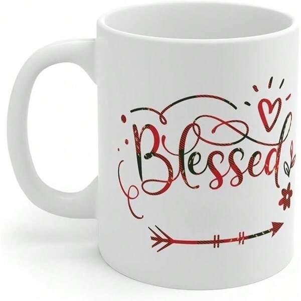 Tailorly White Ceramic 11 oz Mug - Blessed Red Cursive Script Surrounded By Swirls A Heart And Decorative Arrow Mug