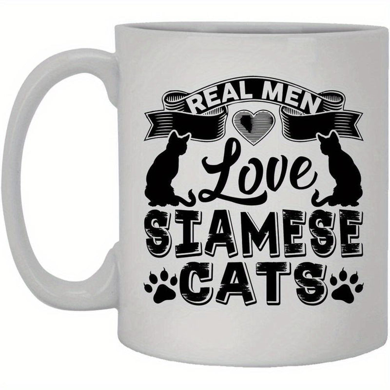 Tailorly White Ceramic 11 oz Mug - Real Men Love Siamese Cats Decorative Heart Ribbons And Cat Silhouettes With Small Paw Prints Cat