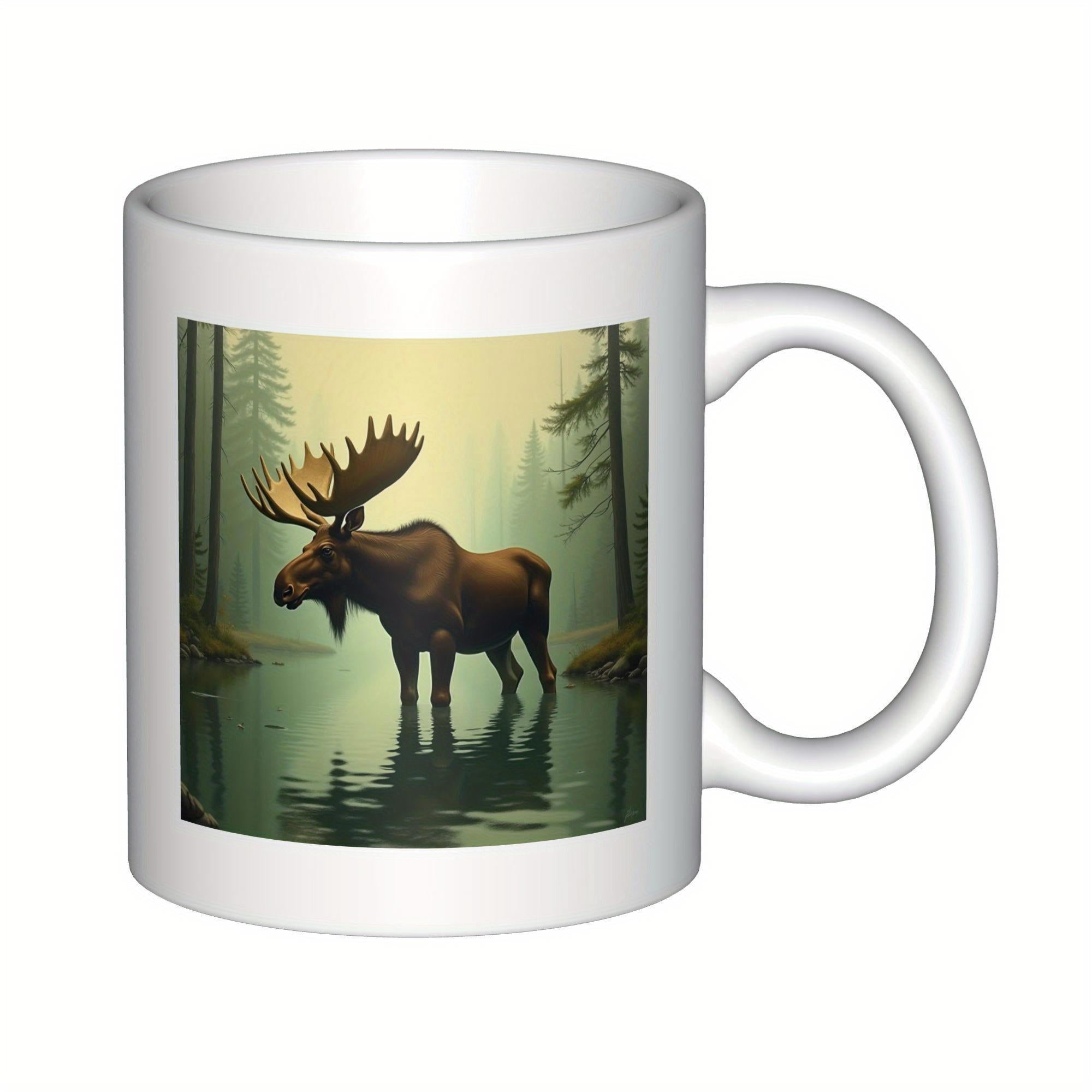 Tailorly White Ceramic 11 oz Mug - Majestic Wild Animal Standing In Foggy Lake Surrounded By Pine Trees Moose
