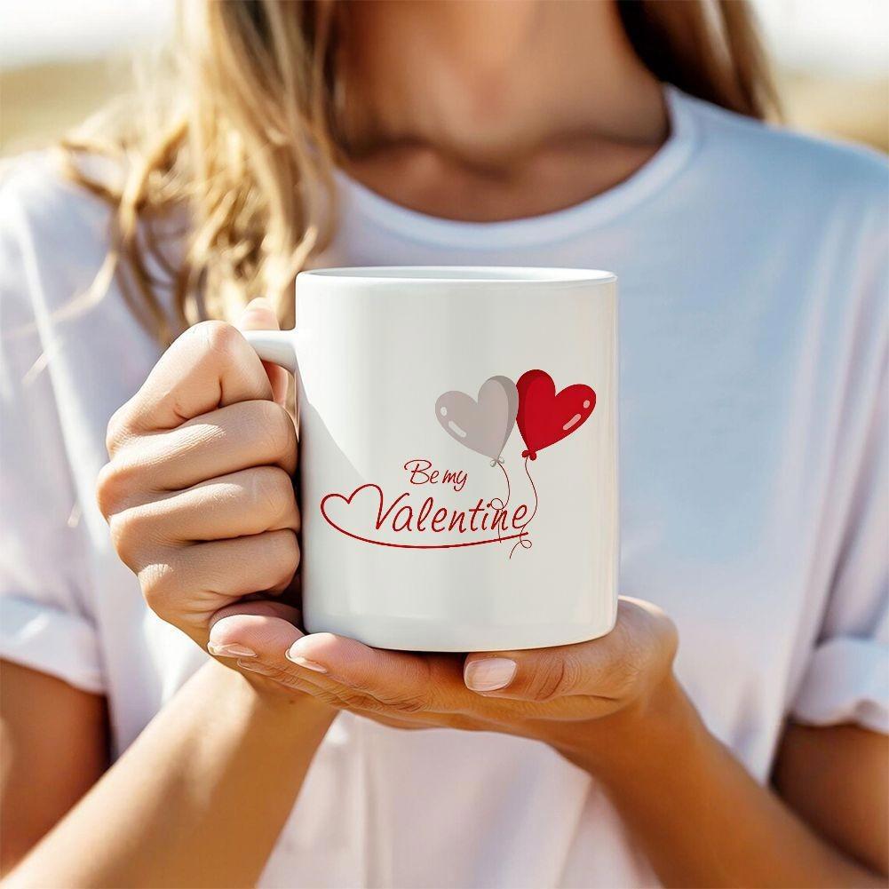 Tailorly White Ceramic 11 oz Mug - Be My Valentine Romantic Red And Grey Floating Hearts Attached To String Balloon