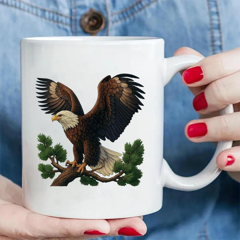 Tailorly White Ceramic 11 oz Mug - Majestic Bald Eagle Perched On Pine Branch With Wings Spread Wide Eagle