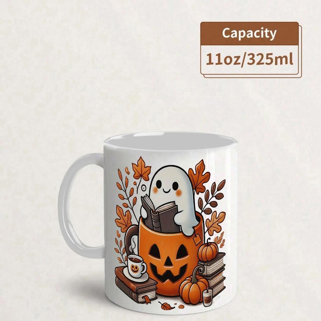 Tailorly White Ceramic 11 oz Mug - Cute Spectral Figure Reading Among Autumn Leaves And Jack O Lantern Ghost
