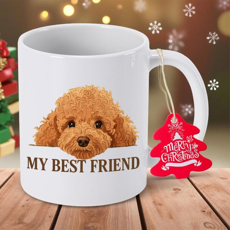 Tailorly White Ceramic 11 oz Mug - My Best Friend Fluffy Brown Puppy Peeking Over A Horizontal Line Poodle