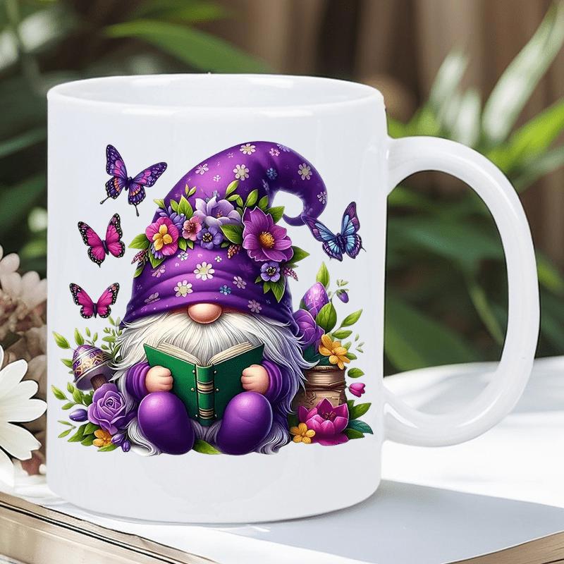 Tailorly White Ceramic 11 oz Mug - Whimsical Purple Garden Figure Reading Book Surrounded By Vibrant Floral Butterflies Gnome