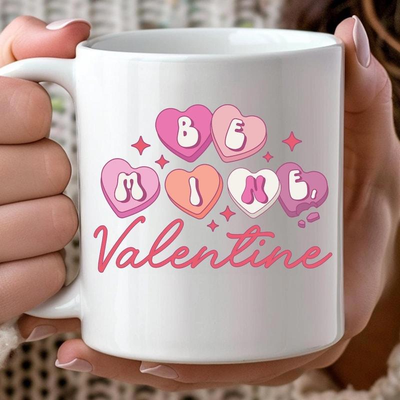 Tailorly White Ceramic 11 oz Mug - Be Mine Valentine Colorful Pastel Candy Hearts With Retro Sparkles And Groovy Style Heart