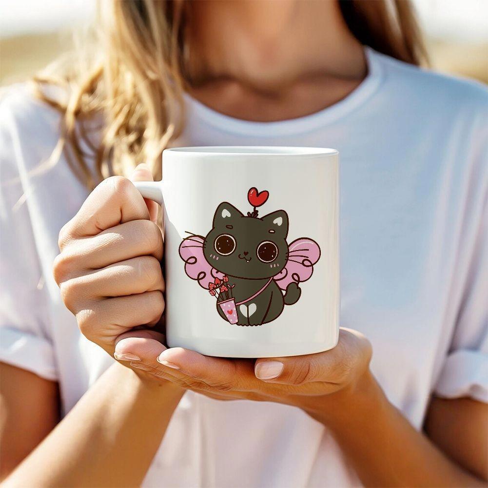 Tailorly White Ceramic 11 oz Mug - Adorable Dark Kitty With Soft Pink Wings And Floating Red Heart Cat