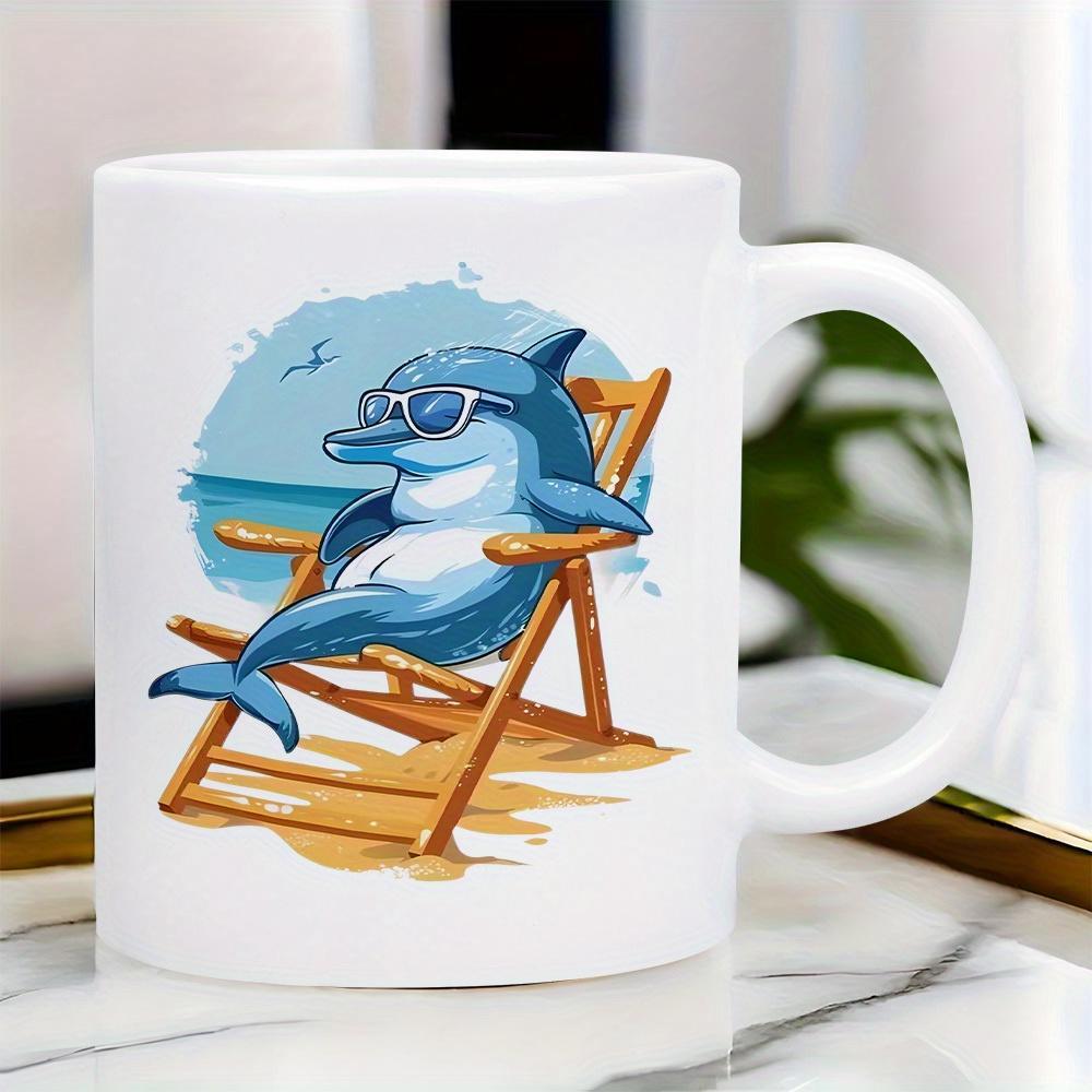 Tailorly White Ceramic 11 oz Mug - Cool Blue Cartoon Sea Creature Relaxing On A Sunny Beach Chair Dolphin