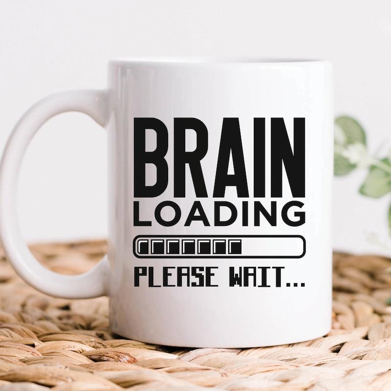 Tailorly White Ceramic 11 oz Mug - Brain Loading Please Wait Minimalist Linear Loading Status Indicator With Pixelated Digital Styled Visual Elements Bar