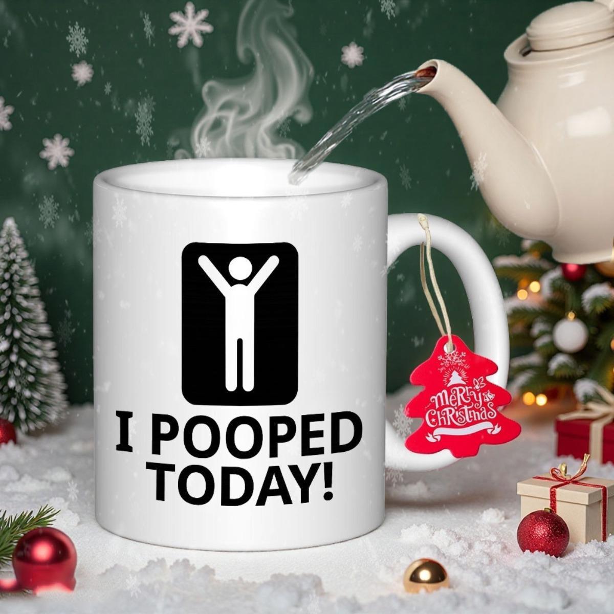 Tailorly White Ceramic 11 oz Mug - I Pooped Today Minimalist Black Icon With Human Figure Raising Arms In Victory Mug