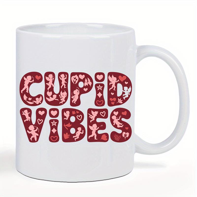 Tailorly White Ceramic 11 oz Mug - Cupid Vibes Charming Retro Letters Filled With Tiny Hearts And Cupid Silhouettes Mug