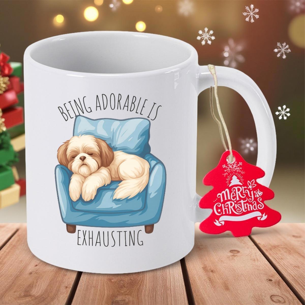 Tailorly White Ceramic 11 oz Mug - Being Adorable Is Exhausting Cute Fluffy Puppy Resting Peacefully On A Comfy Blue Armchair Dog